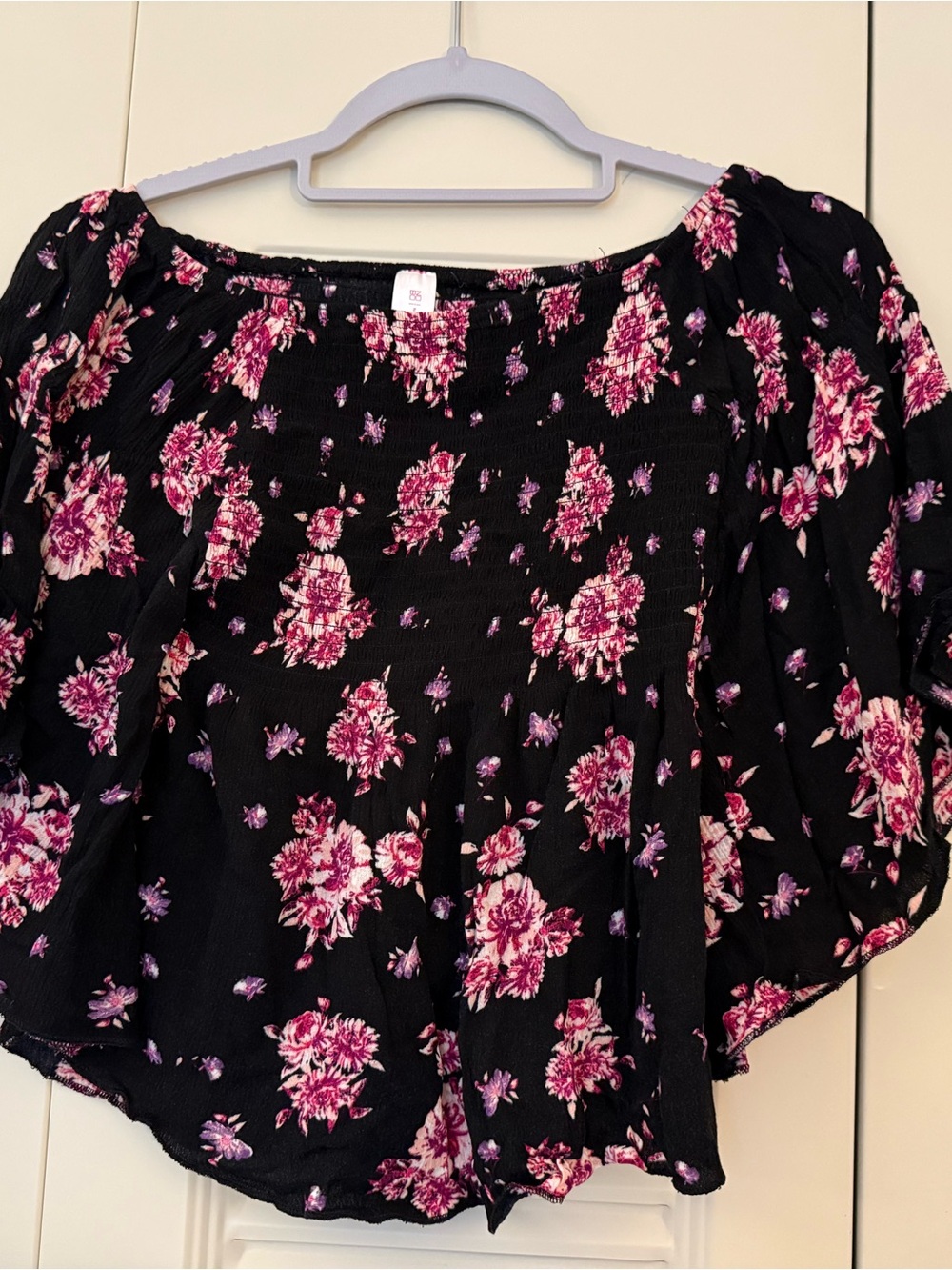 Women’s Black Floral Off-Shoulder Top with Pink Flower Print